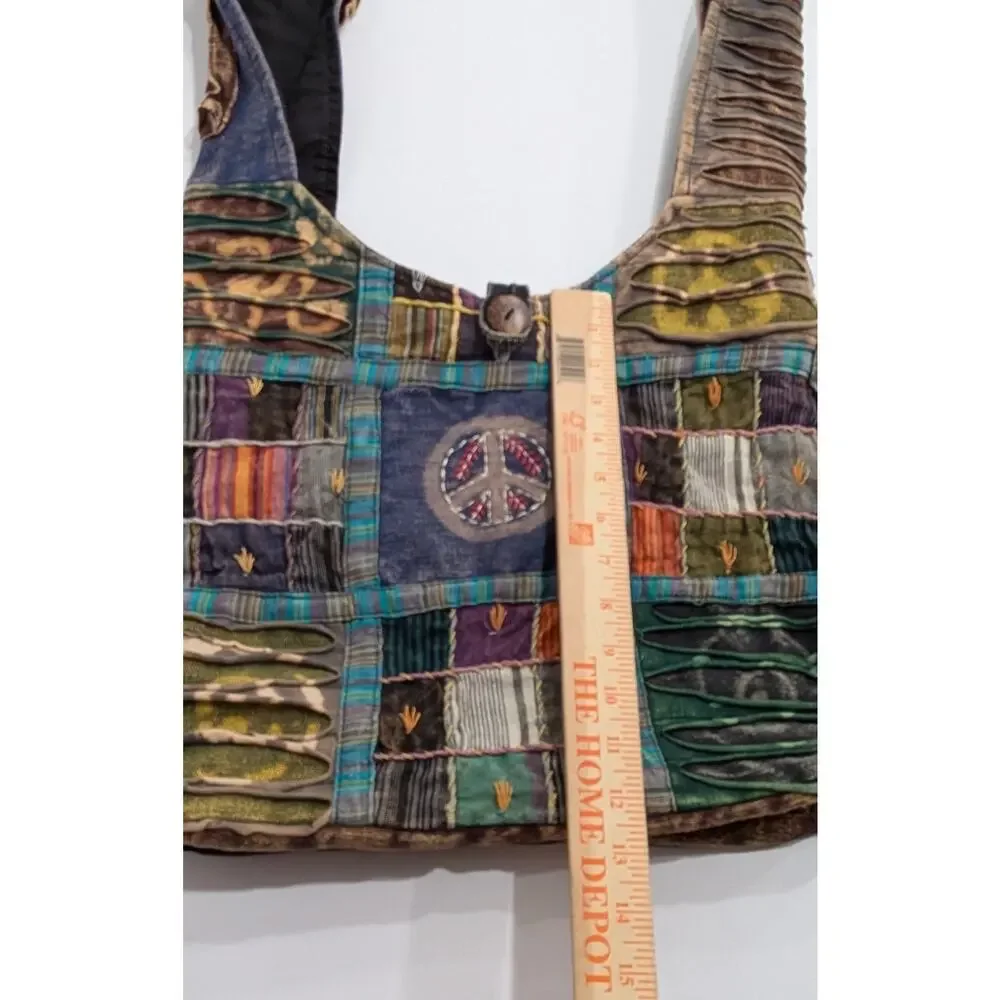 Rising International Sling Hobo Bag Boho Hippie Patchwork Peace Sign Razor Cut